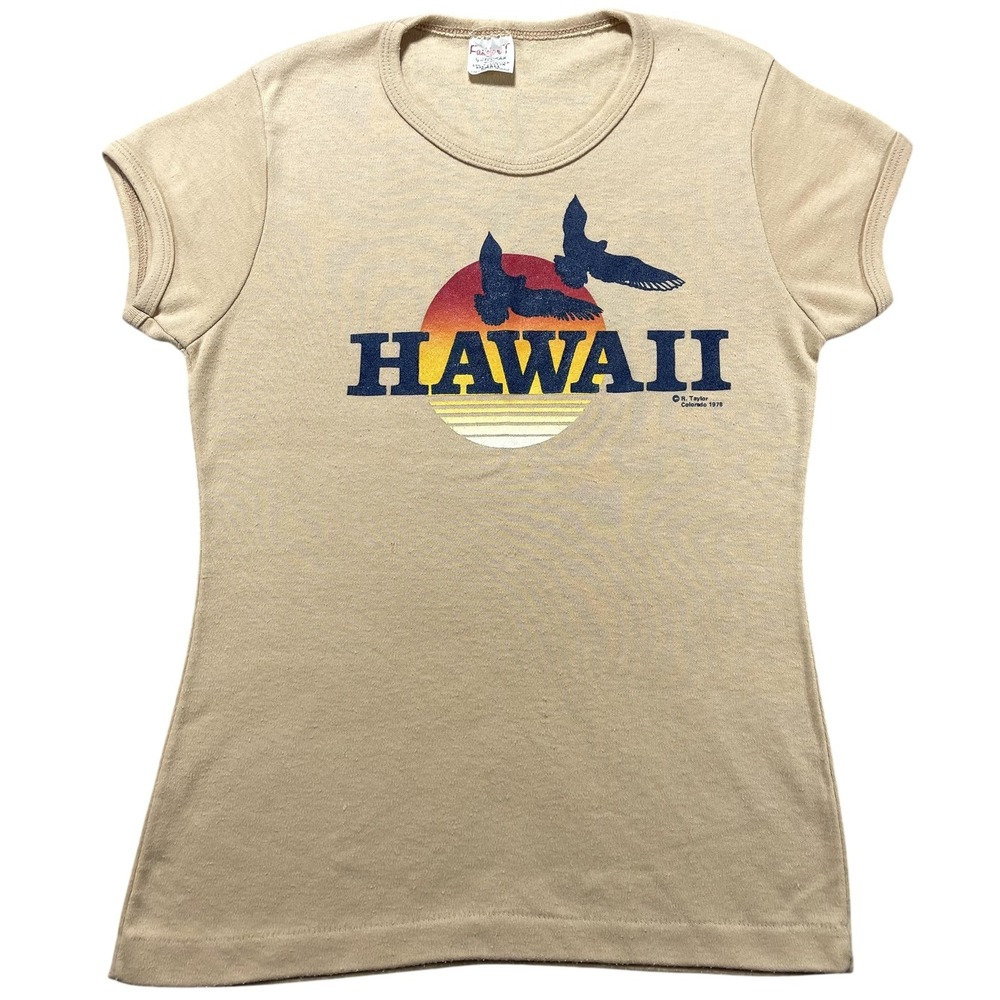 Vintage 70s Fashion T Hawaii Shirt Womens Small Beige Sunset Birds Tee 1978 RARE